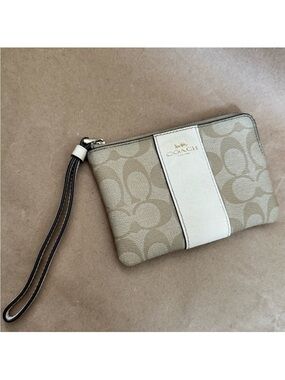 Coach Corner Zip Wristlet in Tan Signature Canvas & Cream Trim Wristlet 6” by 4”